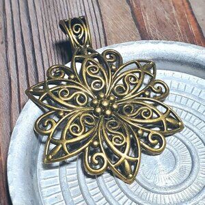 Large Art Nouveau Filigree Flower Antiqued Brass Artsy Pendant with Bail